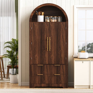 English Elm K&k Arched Fluted Pantry Cabinet Mid Century Walnut Finish with Drawers and Door Shelves Walnut N707S000029Z