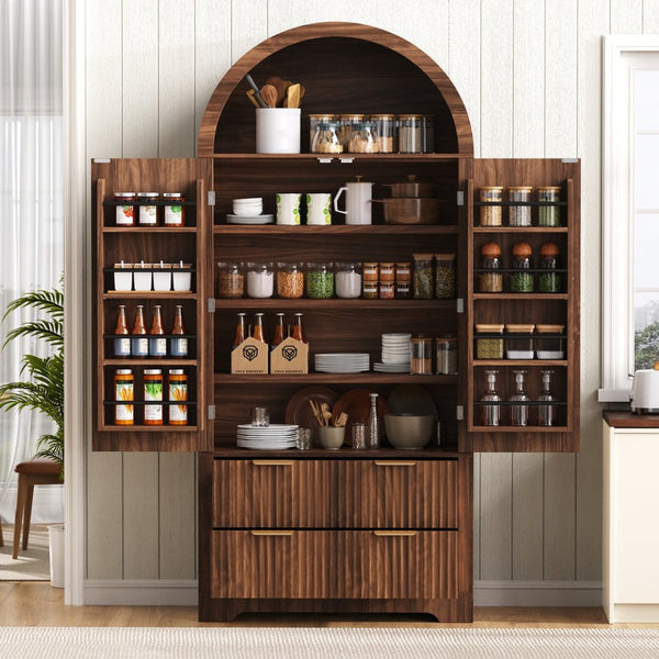 English Elm K&k Arched Fluted Pantry Cabinet Mid Century Walnut Finish with Drawers and Door Shelves Walnut N707S000029Z