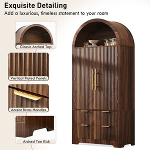 English Elm K&k Arched Fluted Pantry Cabinet Mid Century Walnut Finish with Drawers and Door Shelves Walnut N707S000029Z