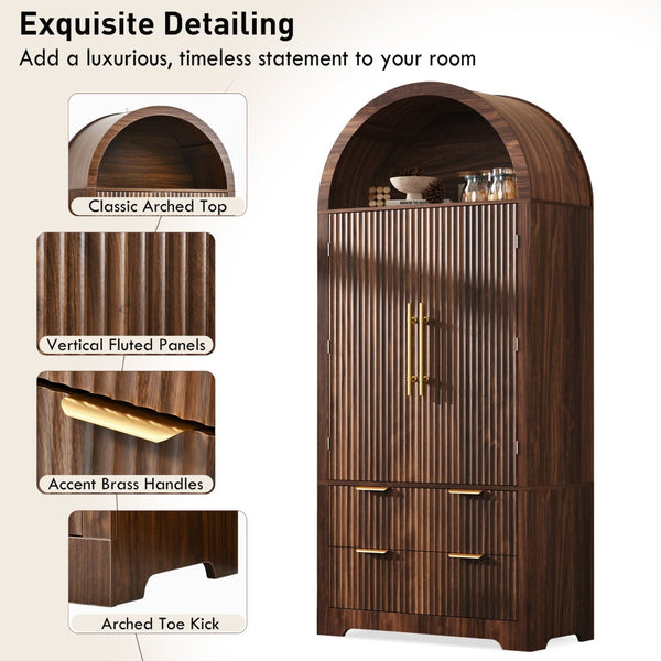 English Elm K&k Arched Fluted Pantry Cabinet Mid Century Walnut Finish with Drawers and Door Shelves Walnut N707S000029Z