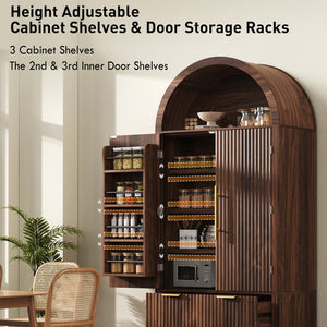 English Elm K&k Arched Fluted Pantry Cabinet Mid Century Walnut Finish with Drawers and Door Shelves Walnut N707S000029Z