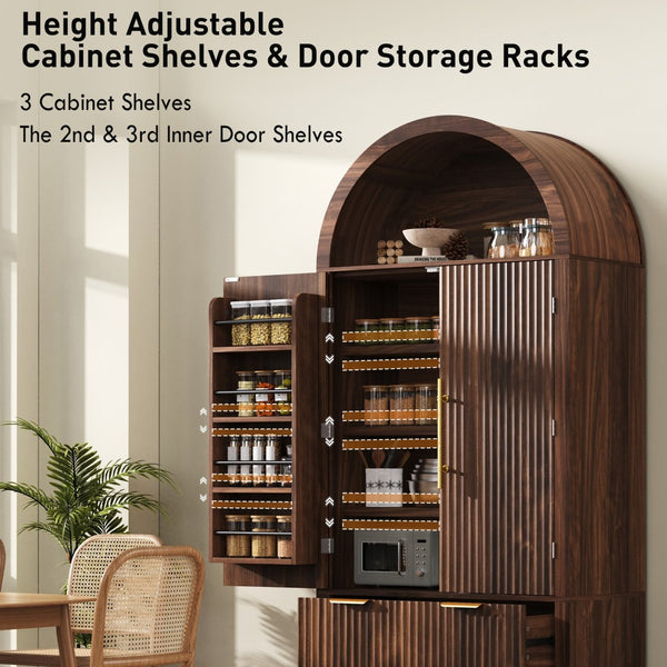 English Elm K&k Arched Fluted Pantry Cabinet Mid Century Walnut Finish with Drawers and Door Shelves Walnut N707S000029Z