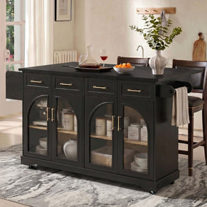 English Elm K&k Rolling Kitchen Island with Arched Glass Doors Drop Leaf and Built in Power Station Black N707S000030B