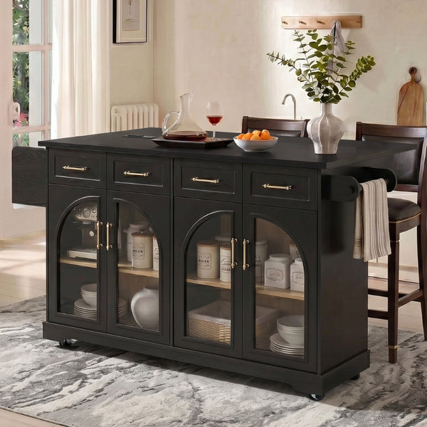 English Elm K&k Rolling Kitchen Island with Arched Glass Doors Drop Leaf and Built in Power Station Black N707S000030B