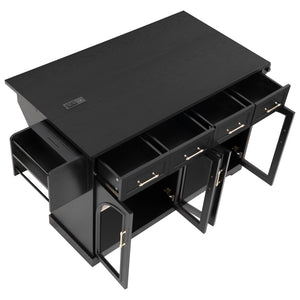 English Elm K&k Rolling Kitchen Island with Arched Glass Doors Drop Leaf and Built in Power Station Black N707S000030B