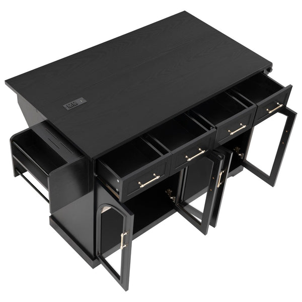 English Elm K&k Rolling Kitchen Island with Arched Glass Doors Drop Leaf and Built in Power Station Black N707S000030B