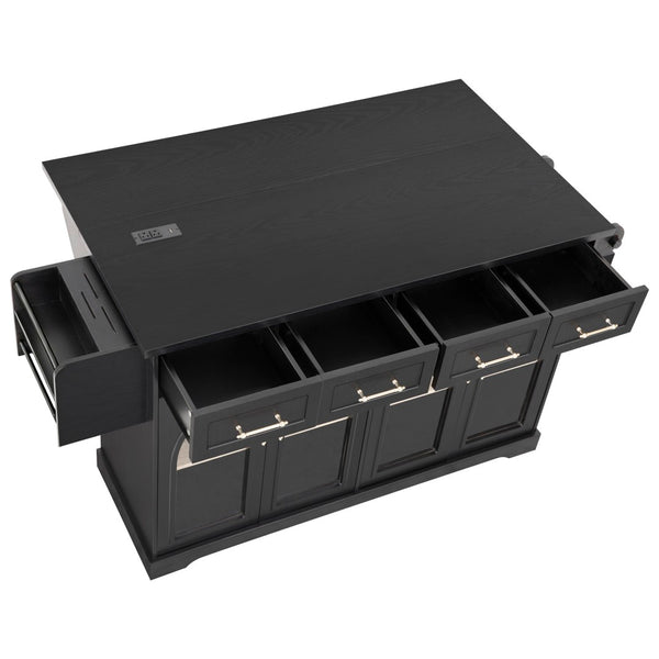 English Elm K&k Rolling Kitchen Island with Arched Glass Doors Drop Leaf and Built in Power Station Black N707S000030B