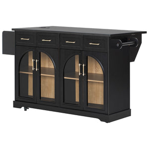 English Elm K&k Rolling Kitchen Island with Arched Glass Doors Drop Leaf and Built in Power Station Black N707S000030B