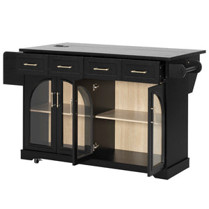 English Elm K&k Rolling Kitchen Island with Arched Glass Doors Drop Leaf and Built in Power Station Black N707S000030B