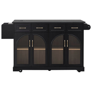English Elm K&k Rolling Kitchen Island with Arched Glass Doors Drop Leaf and Built in Power Station Black N707S000030B