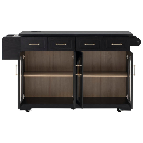 English Elm K&k Rolling Kitchen Island with Arched Glass Doors Drop Leaf and Built in Power Station Black N707S000030B
