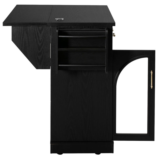 English Elm K&k Rolling Kitchen Island with Arched Glass Doors Drop Leaf and Built in Power Station Black N707S000030B