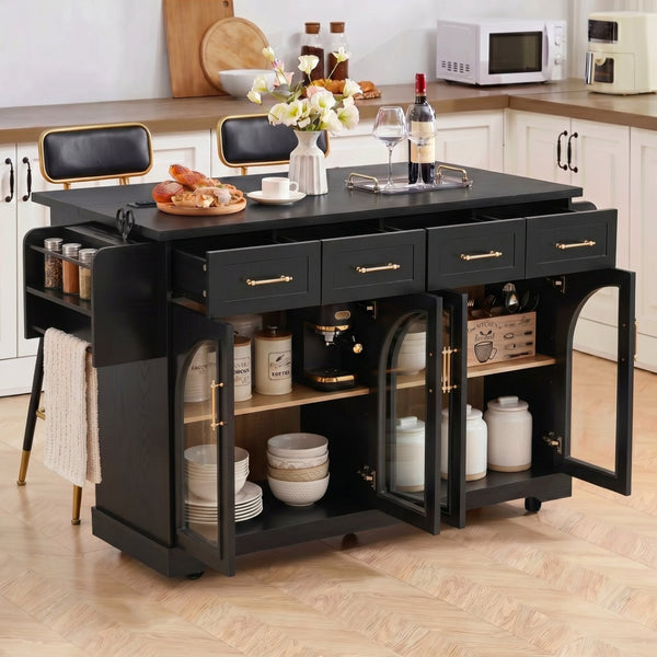 English Elm K&k Rolling Kitchen Island with Arched Glass Doors Drop Leaf and Built in Power Station Black N707S000030B