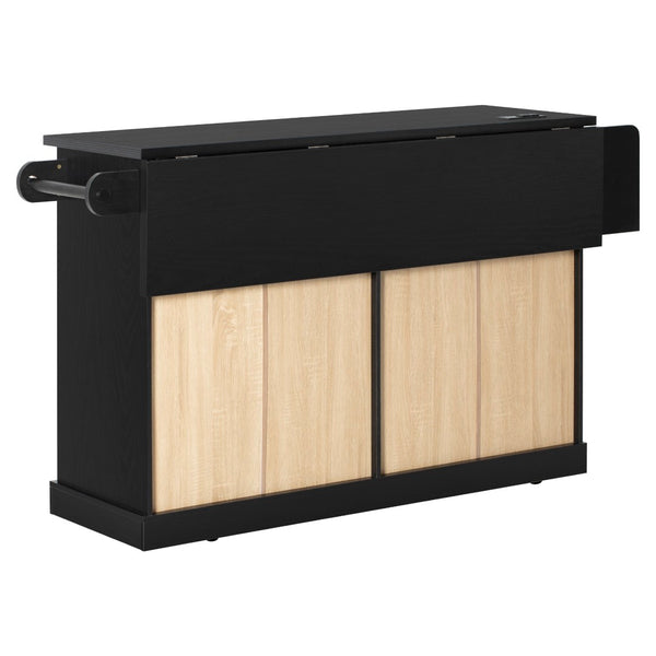 English Elm K&k Rolling Kitchen Island with Arched Glass Doors Drop Leaf and Built in Power Station Black N707S000030B