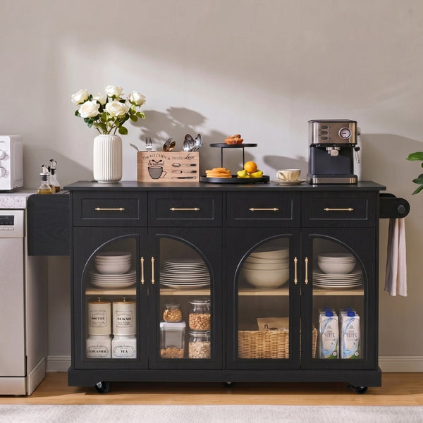 English Elm K&k Rolling Kitchen Island with Arched Glass Doors Drop Leaf and Built in Power Station Black N707S000030B