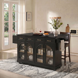 English Elm K&k Rolling Kitchen Island with Arched Glass Doors Drop Leaf and Built in Power Station Black N707S000030B