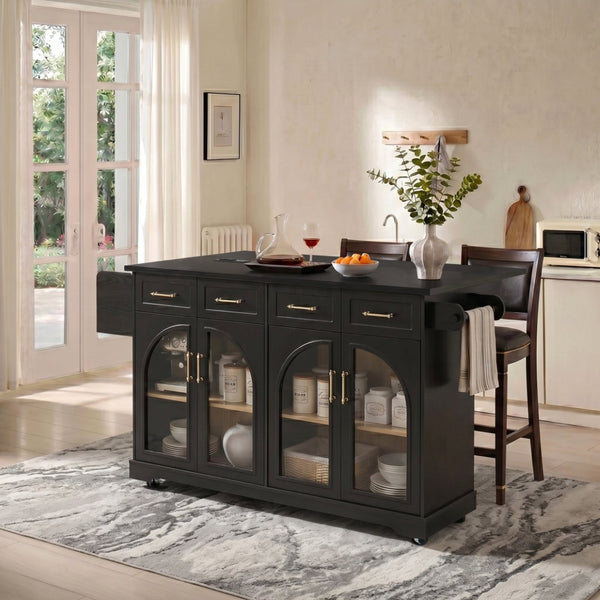 English Elm K&k Rolling Kitchen Island with Arched Glass Doors Drop Leaf and Built in Power Station Black N707S000030B