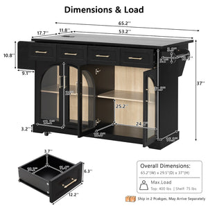 English Elm K&k Rolling Kitchen Island with Arched Glass Doors Drop Leaf and Built in Power Station Black N707S000030B
