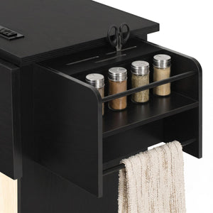 English Elm K&k Rolling Kitchen Island with Arched Glass Doors Drop Leaf and Built in Power Station Black N707S000030B