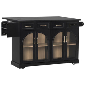 English Elm K&k Rolling Kitchen Island with Arched Glass Doors Drop Leaf and Built in Power Station Black N707S000030B