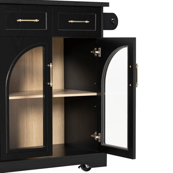 English Elm K&k Rolling Kitchen Island with Arched Glass Doors Drop Leaf and Built in Power Station Black N707S000030B