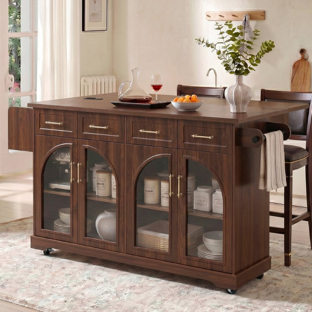 English Elm K&k Rolling Kitchen Island with Arched Glass Doors Drop Leaf and Built in Power Station Walnut Brown N707S000030Z