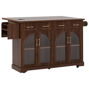 English Elm K&k Rolling Kitchen Island with Arched Glass Doors Drop Leaf and Built in Power Station Walnut Brown N707S000030Z