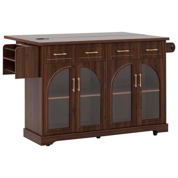 English Elm K&k Rolling Kitchen Island with Arched Glass Doors Drop Leaf and Built in Power Station Walnut Brown N707S000030Z