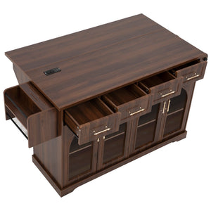 English Elm K&k Rolling Kitchen Island with Arched Glass Doors Drop Leaf and Built in Power Station Walnut Brown N707S000030Z