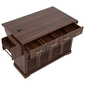 English Elm K&k Rolling Kitchen Island with Arched Glass Doors Drop Leaf and Built in Power Station Walnut Brown N707S000030Z