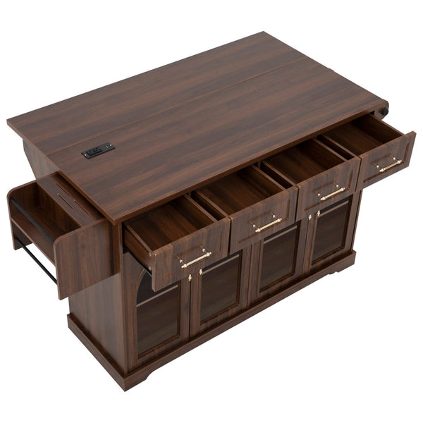 English Elm K&k Rolling Kitchen Island with Arched Glass Doors Drop Leaf and Built in Power Station Walnut Brown N707S000030Z