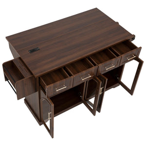 English Elm K&k Rolling Kitchen Island with Arched Glass Doors Drop Leaf and Built in Power Station Walnut Brown N707S000030Z