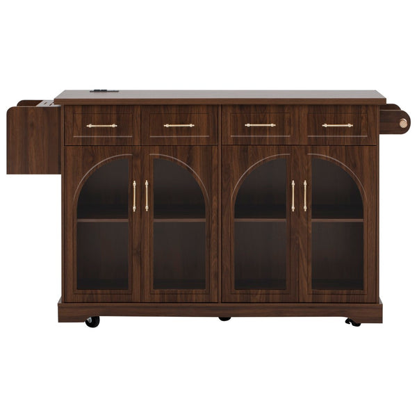 English Elm K&k Rolling Kitchen Island with Arched Glass Doors Drop Leaf and Built in Power Station Walnut Brown N707S000030Z