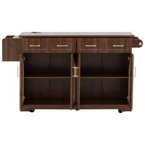 English Elm K&k Rolling Kitchen Island with Arched Glass Doors Drop Leaf and Built in Power Station Walnut Brown N707S000030Z