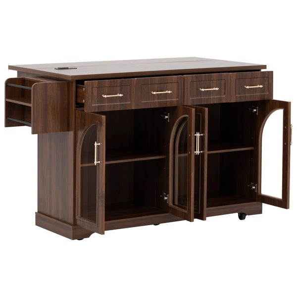English Elm K&k Rolling Kitchen Island with Arched Glass Doors Drop Leaf and Built in Power Station Walnut Brown N707S000030Z