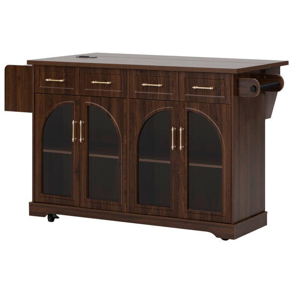 English Elm K&k Rolling Kitchen Island with Arched Glass Doors Drop Leaf and Built in Power Station Walnut Brown N707S000030Z