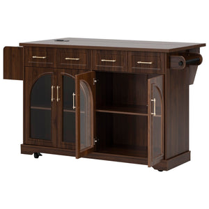 English Elm K&k Rolling Kitchen Island with Arched Glass Doors Drop Leaf and Built in Power Station Walnut Brown N707S000030Z