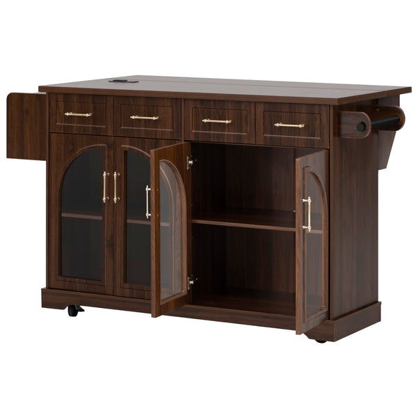 English Elm K&k Rolling Kitchen Island with Arched Glass Doors Drop Leaf and Built in Power Station Walnut Brown N707S000030Z