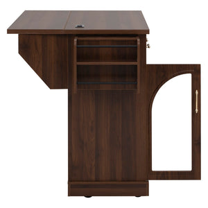 English Elm K&k Rolling Kitchen Island with Arched Glass Doors Drop Leaf and Built in Power Station Walnut Brown N707S000030Z