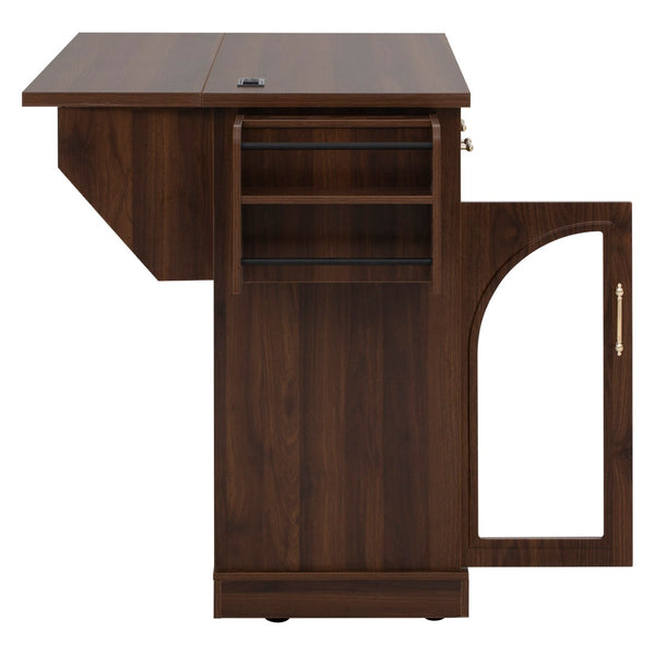 English Elm K&k Rolling Kitchen Island with Arched Glass Doors Drop Leaf and Built in Power Station Walnut Brown N707S000030Z