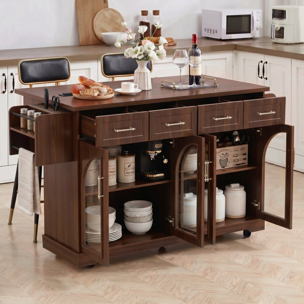 English Elm K&k Rolling Kitchen Island with Arched Glass Doors Drop Leaf and Built in Power Station Walnut Brown N707S000030Z
