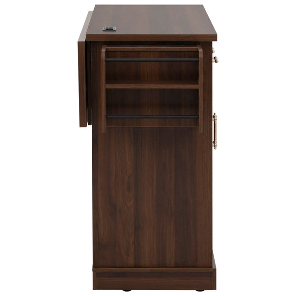 English Elm K&k Rolling Kitchen Island with Arched Glass Doors Drop Leaf and Built in Power Station Walnut Brown N707S000030Z