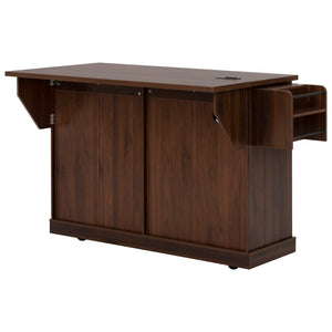 English Elm K&k Rolling Kitchen Island with Arched Glass Doors Drop Leaf and Built in Power Station Walnut Brown N707S000030Z