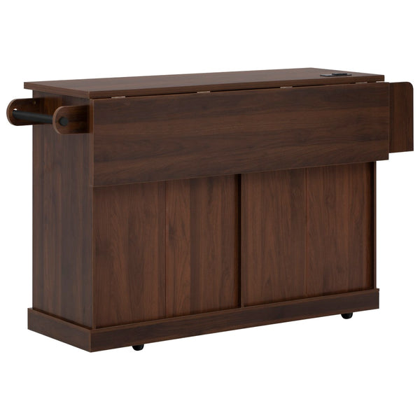 English Elm K&k Rolling Kitchen Island with Arched Glass Doors Drop Leaf and Built in Power Station Walnut Brown N707S000030Z