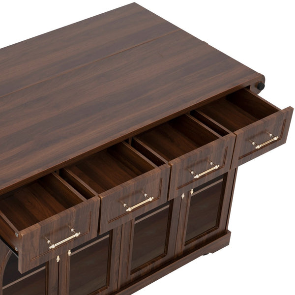 English Elm K&k Rolling Kitchen Island with Arched Glass Doors Drop Leaf and Built in Power Station Walnut Brown N707S000030Z