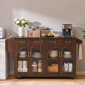English Elm K&k Rolling Kitchen Island with Arched Glass Doors Drop Leaf and Built in Power Station Walnut Brown N707S000030Z