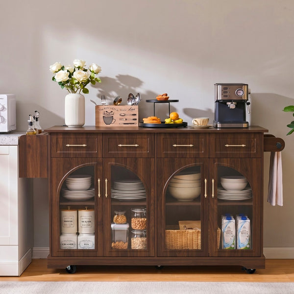 English Elm K&k Rolling Kitchen Island with Arched Glass Doors Drop Leaf and Built in Power Station Walnut Brown N707S000030Z