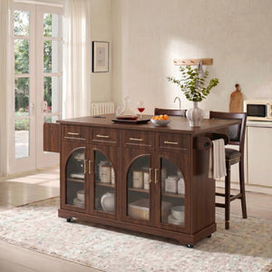 English Elm K&k Rolling Kitchen Island with Arched Glass Doors Drop Leaf and Built in Power Station Walnut Brown N707S000030Z