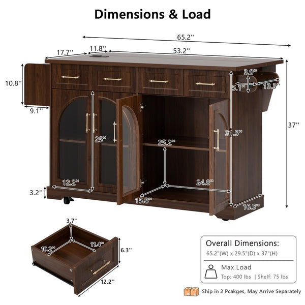 English Elm K&k Rolling Kitchen Island with Arched Glass Doors Drop Leaf and Built in Power Station Walnut Brown N707S000030Z