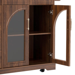 English Elm K&k Rolling Kitchen Island with Arched Glass Doors Drop Leaf and Built in Power Station Walnut Brown N707S000030Z
